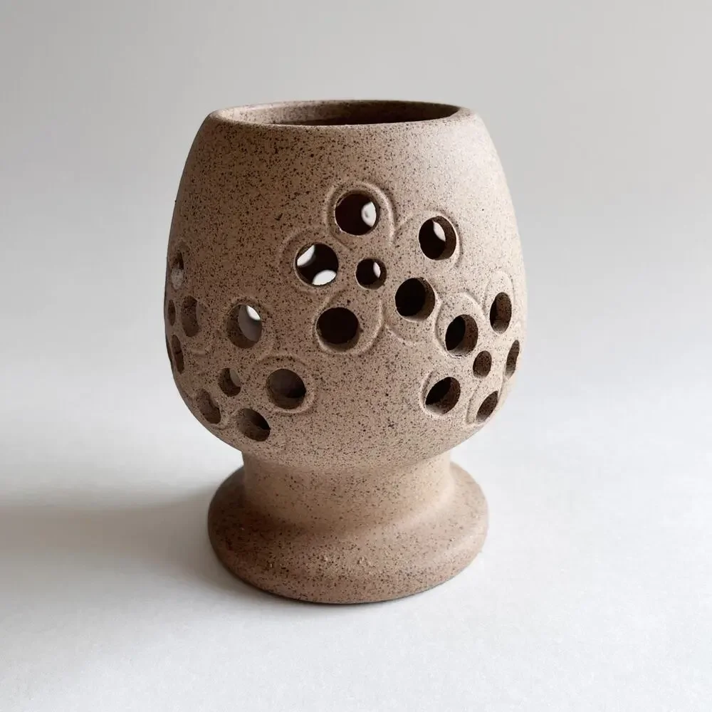 Lenox Votive Candle Holder Pierced Clay Pottery Tan Handcrafted in Japan Vintage